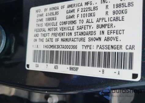 2007 Honda Accord 2.4 Se from USA, damaged, VIN 1HGCM563X7A000366